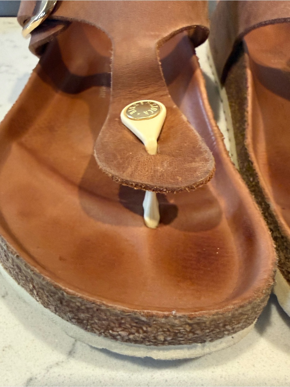 Birkenstock Brown Leather T-Strap Sandals with Gold Accents - Picture 3 of 16